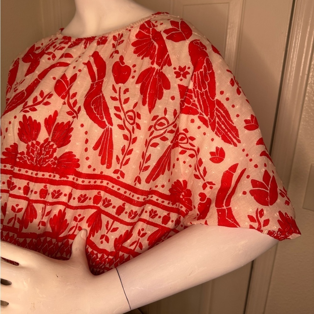 Farm Rio Boho Jungle Top Red and White Floral Crop Top Size Medium - Picture 5 of 14